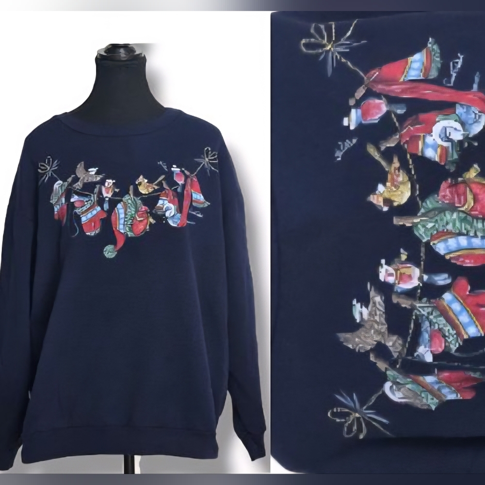 Vintage Holiday Sweatshirt feat. Caroll Reed Art Christmas Winter Birds Print